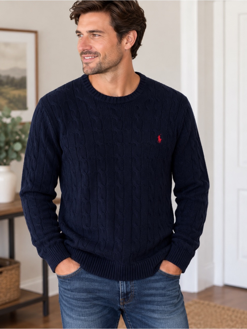 Ralph Lauren Navy Cable Knit Crewneck Sweater with Red Pony Logo